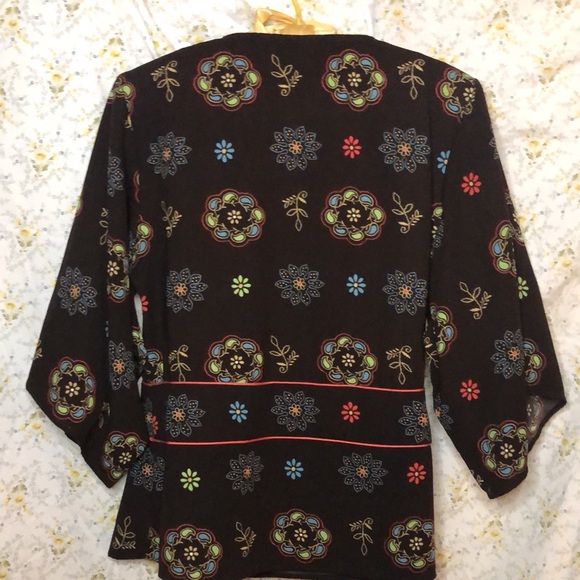 SILKLAND dark brown multi colored floral print w’top w/large sleeves. Size S. - Picture 5 of 8